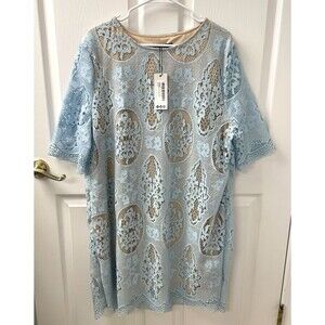 Boohoo Women’s Blue All Over Lace Shift Dress Nude Liner Pullover Size 18